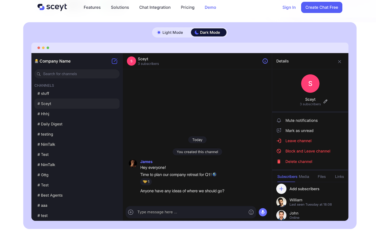 Sceyt website showing an example Slack-style chat within an app