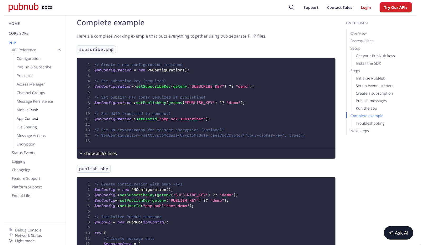 PubNub website showing its support documentation library