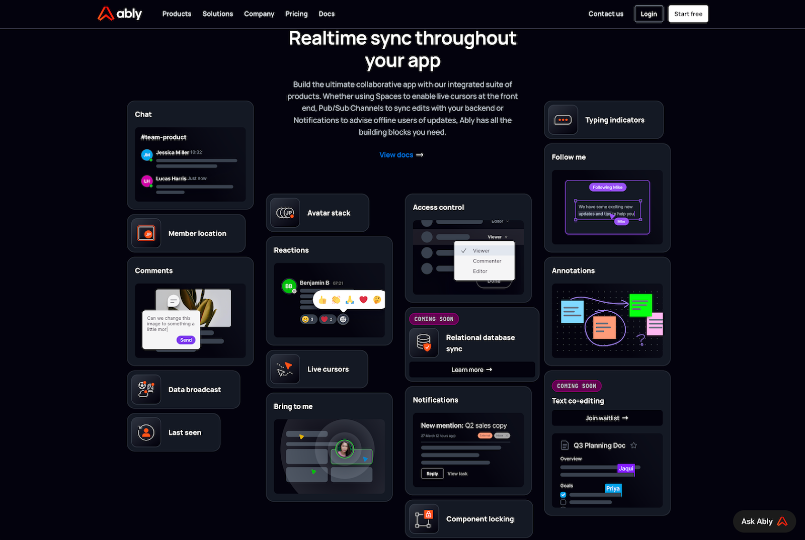 Ably website with the words: "Realtime sync throughout your app" and example interface elements