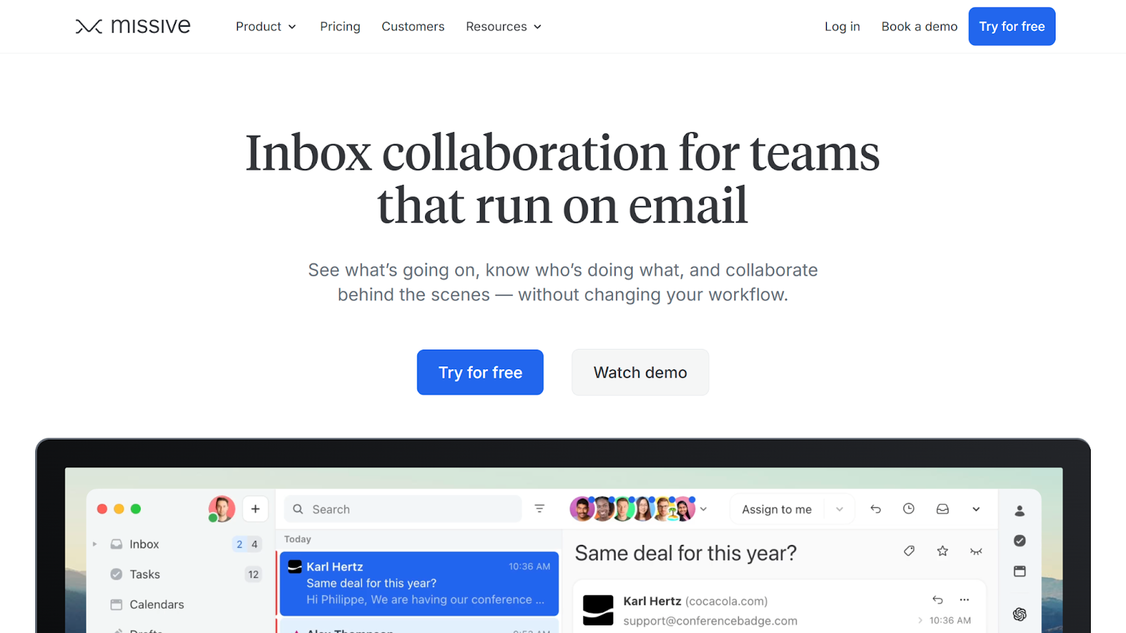 Screenshot of the Missive landing page