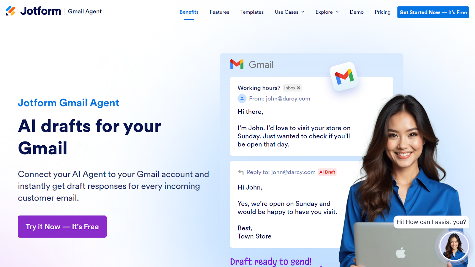 Screenshot of the Jotform Gmail Agent landing page