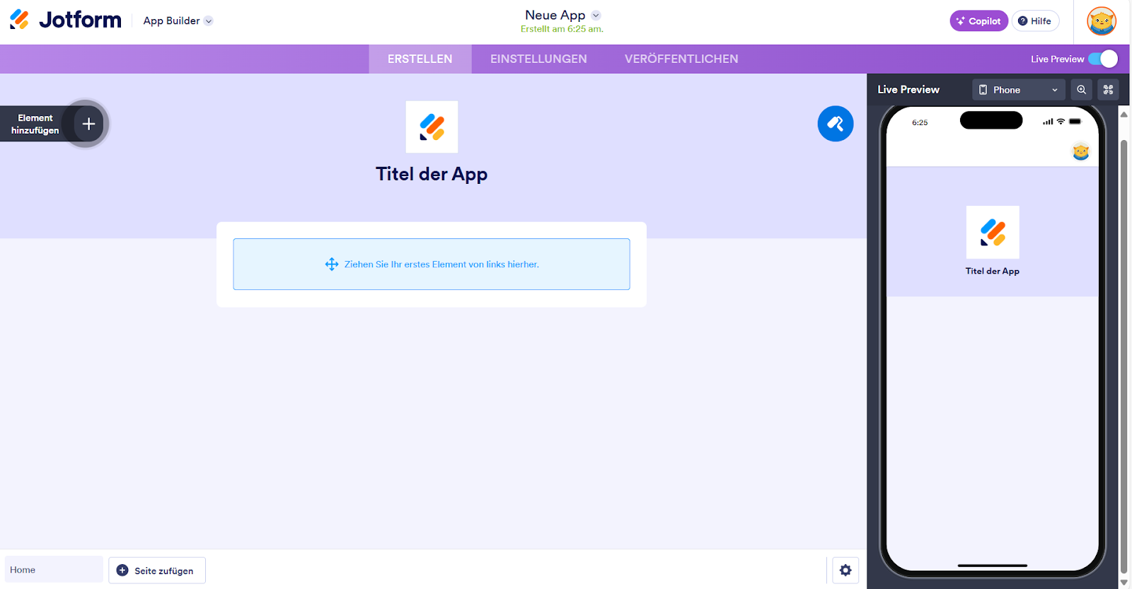 Jotform App-Generator Oberfläche