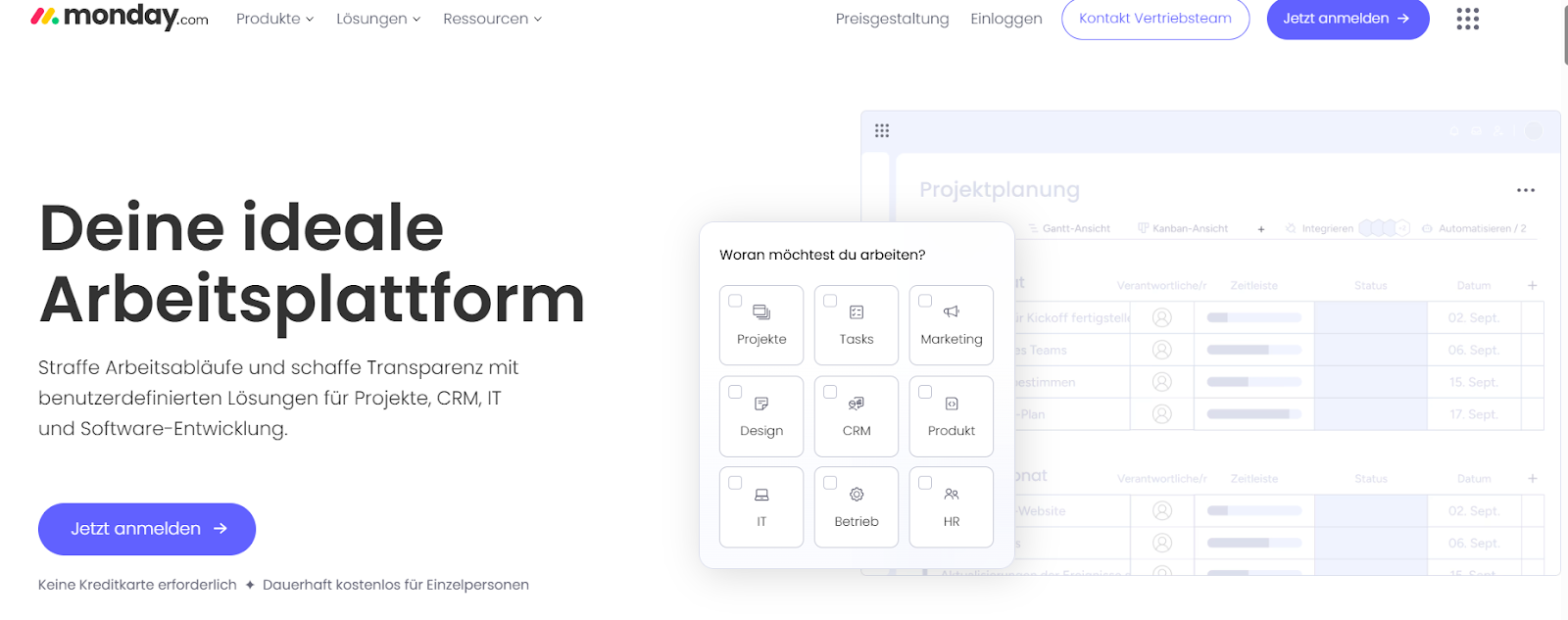 Landingpage von monday