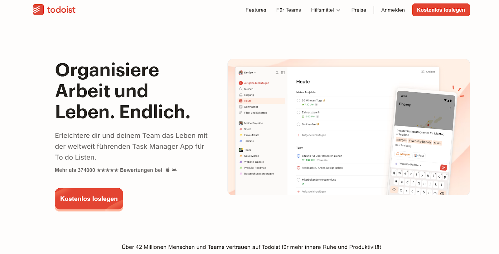 Landingpage von Todoist