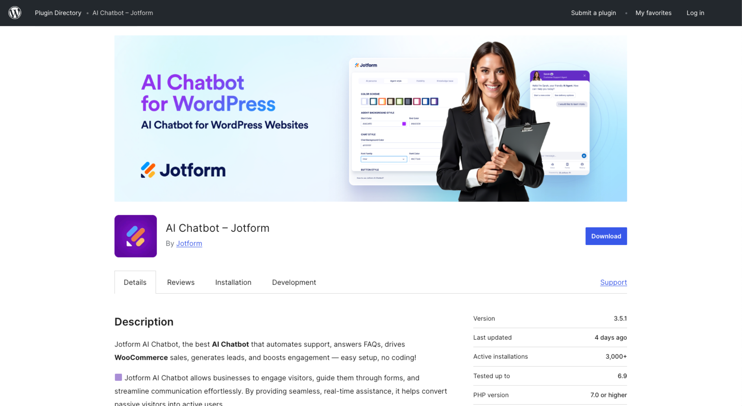 Jotform AI Chatbot for WordPress Plug-in WordPress Page