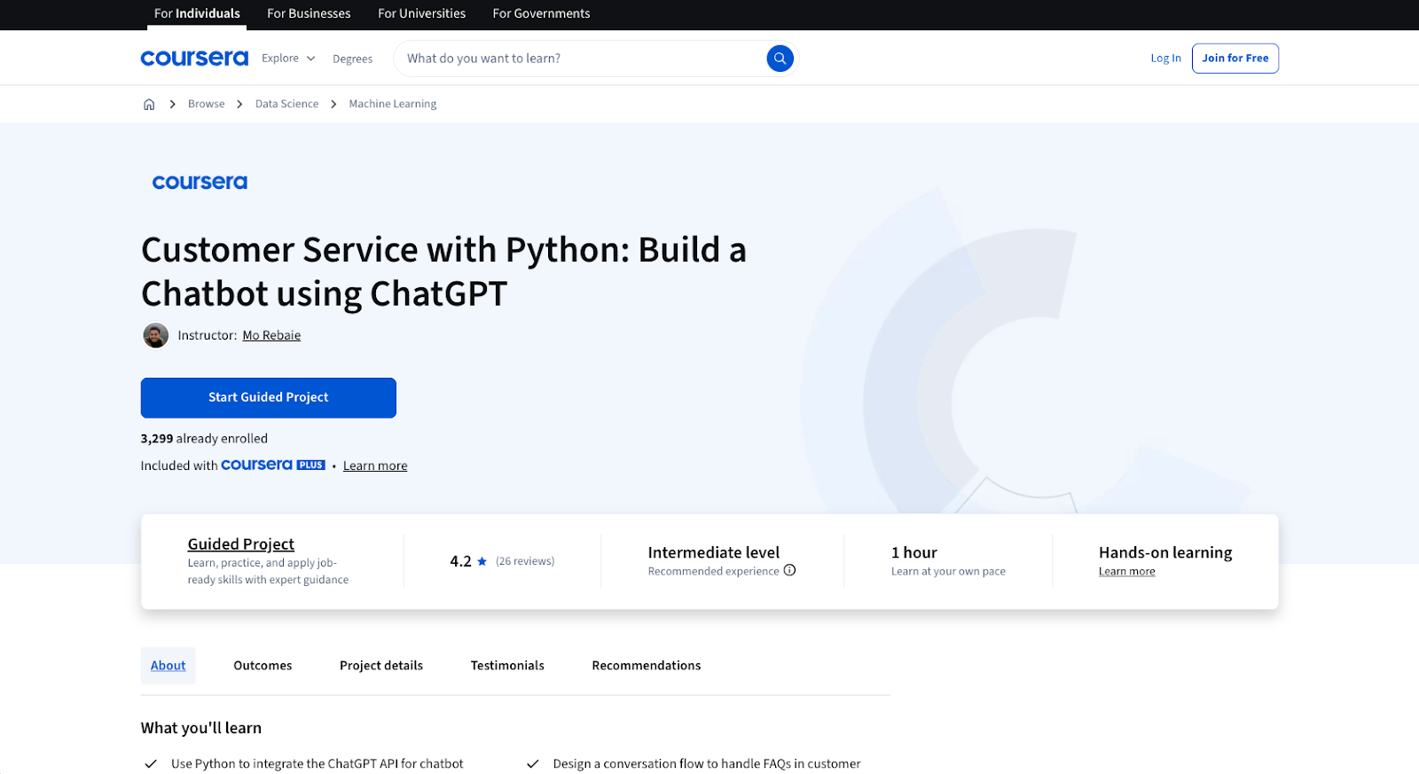 Customer Service with Python: Build a Chatbot Using ChatGPT (Coursera Project) course page