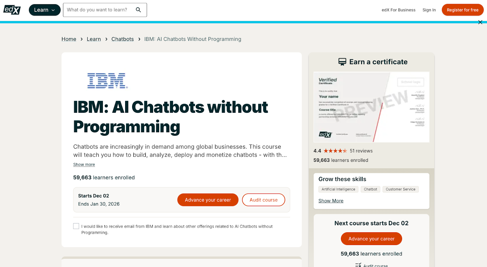 Building AI-Powered Chatbots Without Programming (edX x IBM) course page