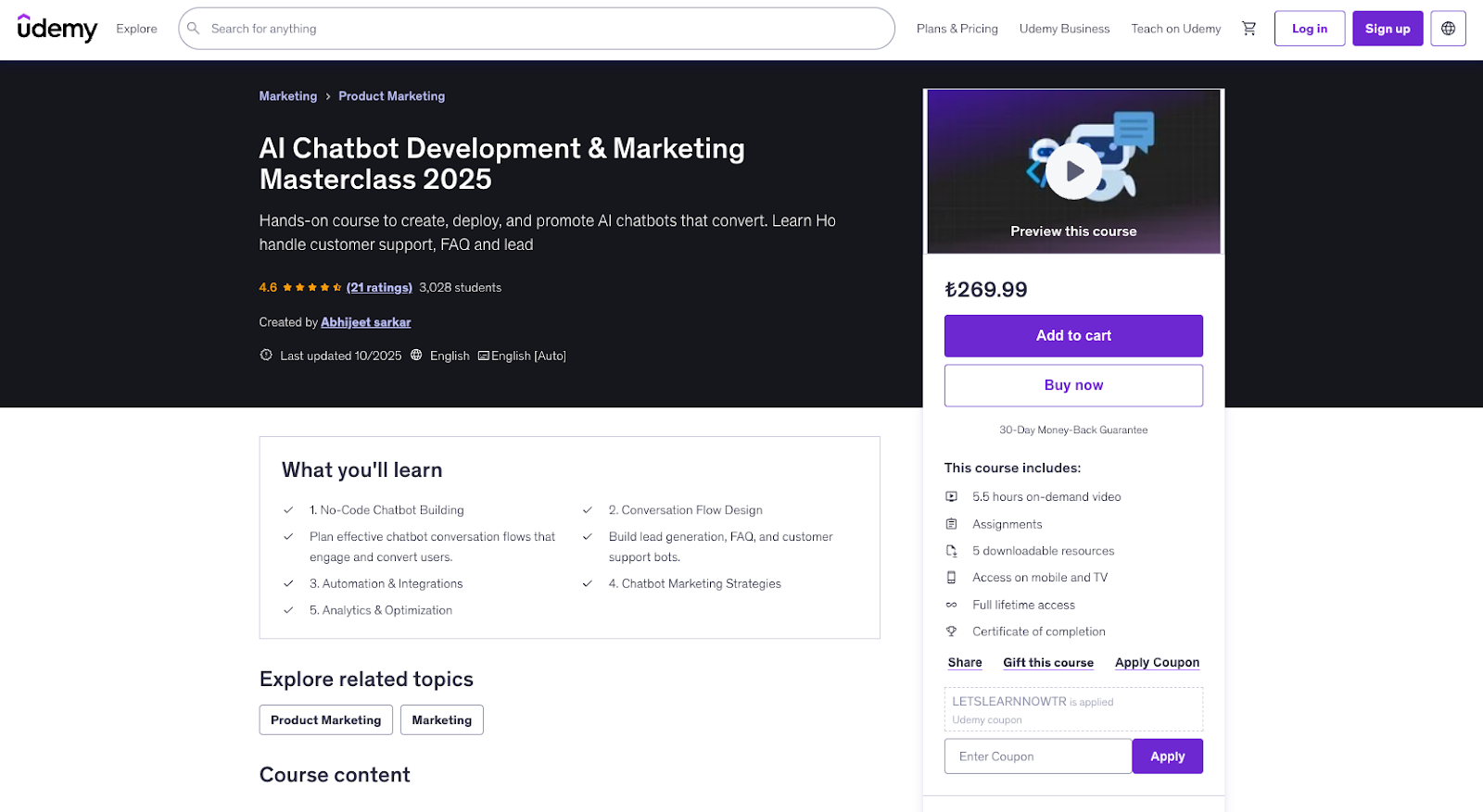 AI Chatbot Development & Marketing Masterclass 2025 (Udemy) course page