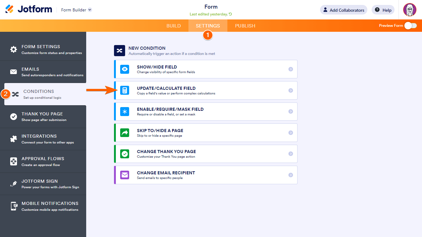 Jotform Form Builder Settings Page Conditions Tab Update/Calculate Field Conditions