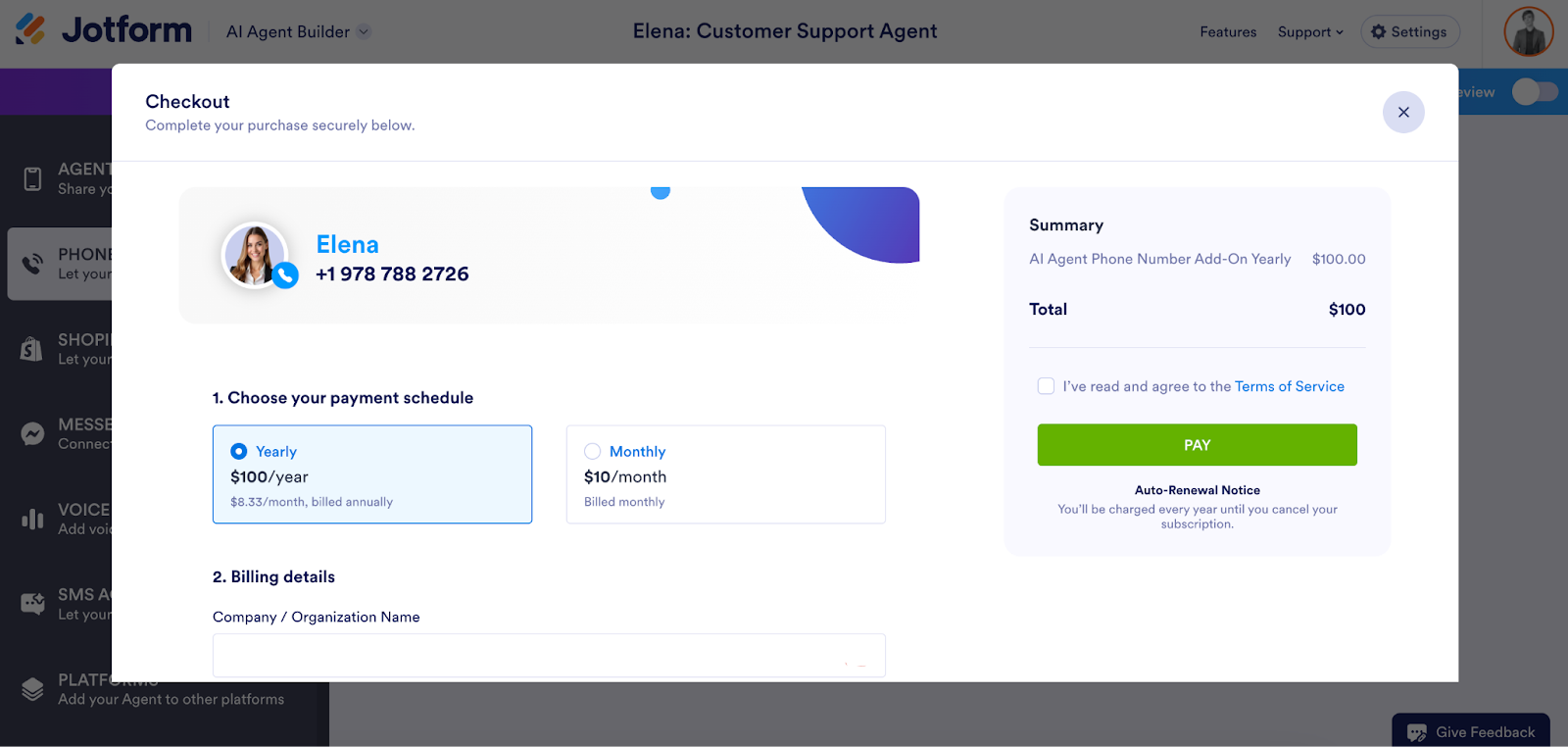 Jotform checkout page for purchasing an AI agent phone number, with payment plan options and a Pay button