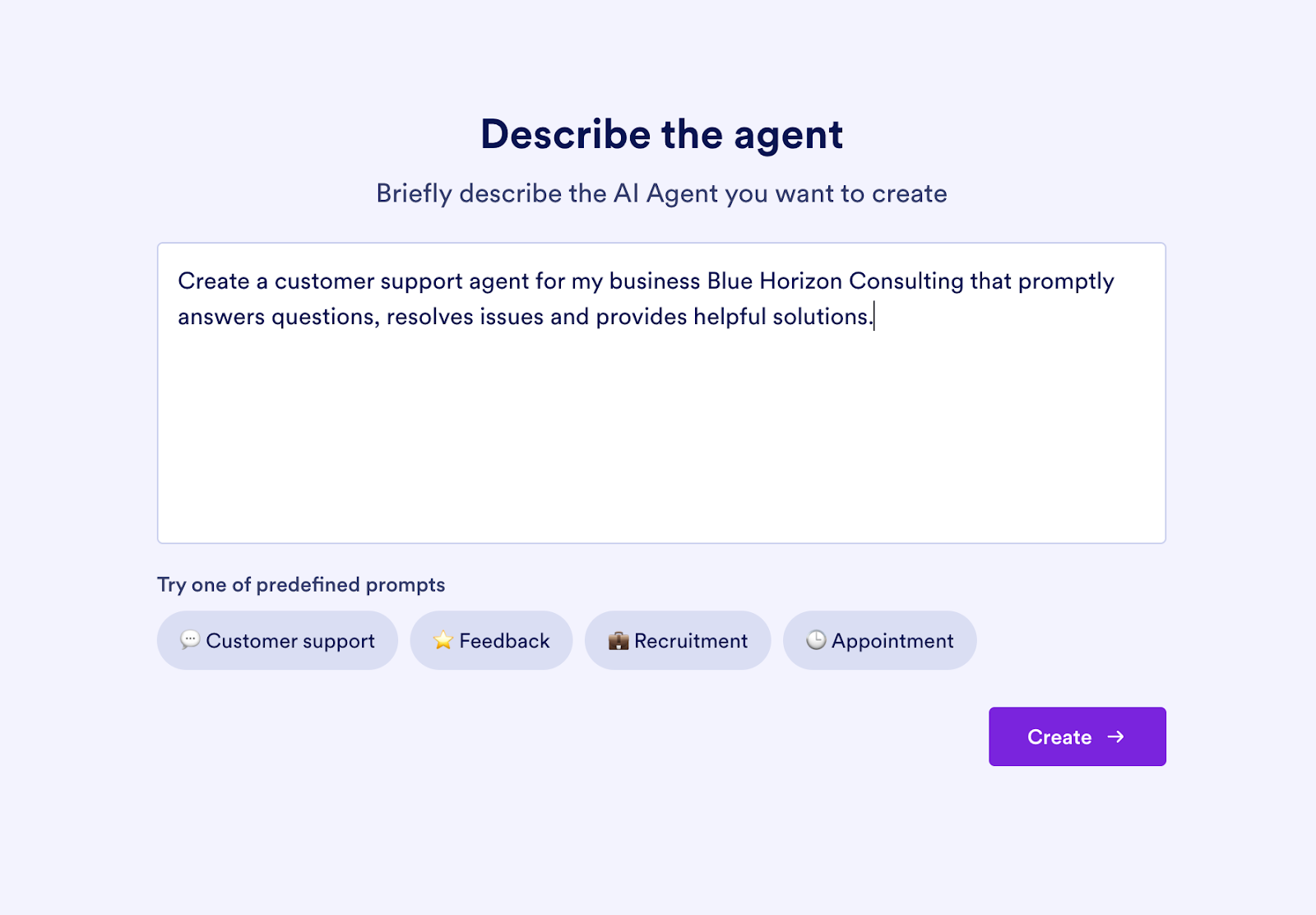 Screenshot of Jotform AI Agent's prompt section titled describe the agent