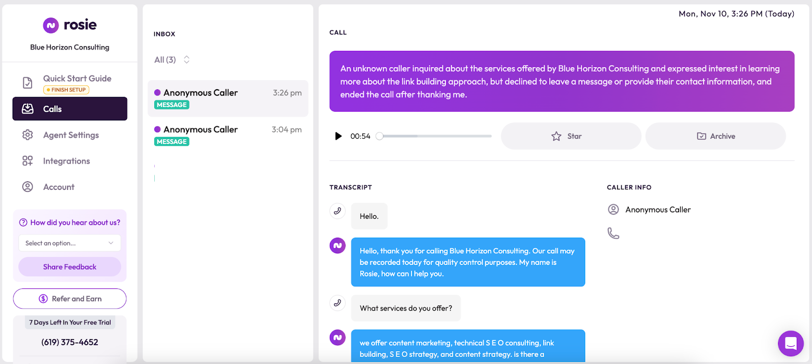 Dashboard showing a call log and transcript in the Rosie interface