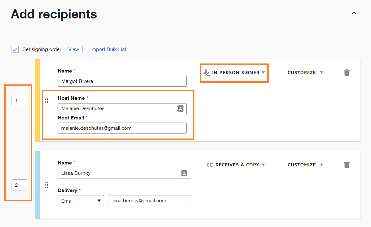 Screenshot of Docusign's add recipients section