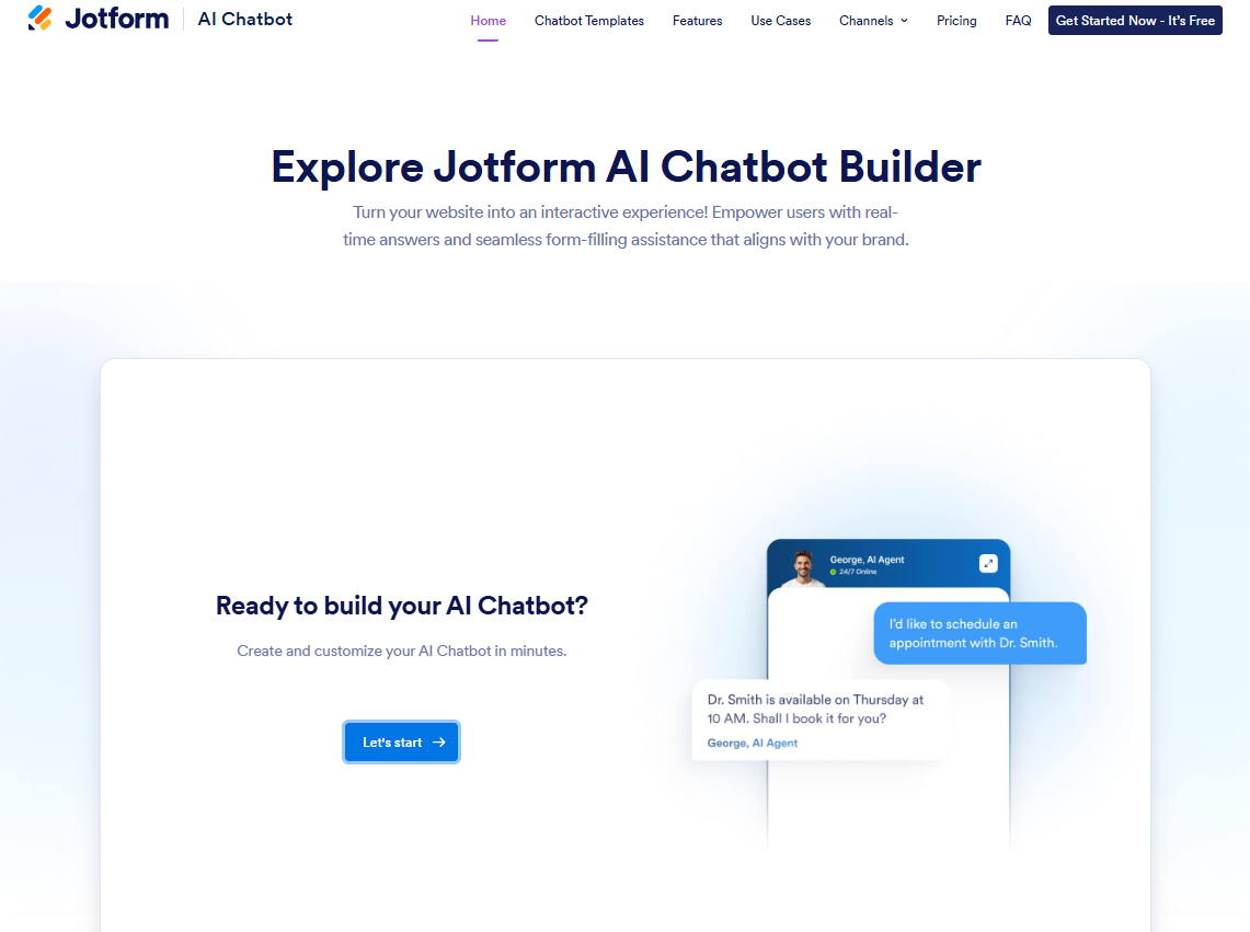 Screenshot of Jotform's AI Chatbot Builder landing page