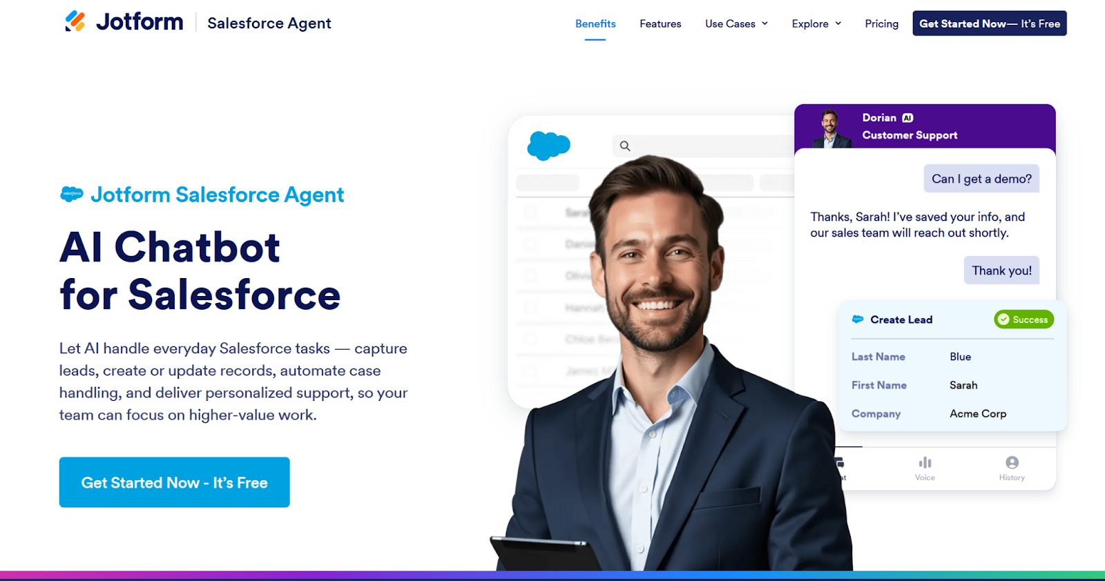 Screenshot of a Jotform landing page featuring an introduction to the Jotform Salesforce Agent AI chatbot