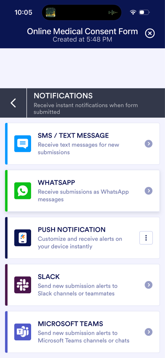 Viewing the Notifications options on mobile