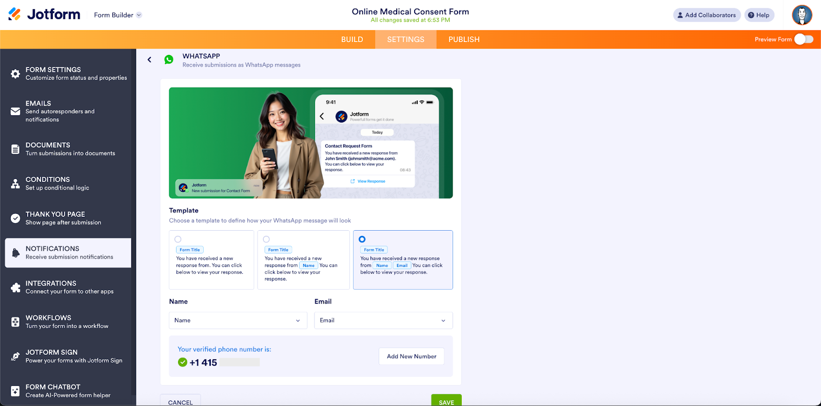 Viewing the verified phone number on the WhatsApp page in Jotform Form Builder