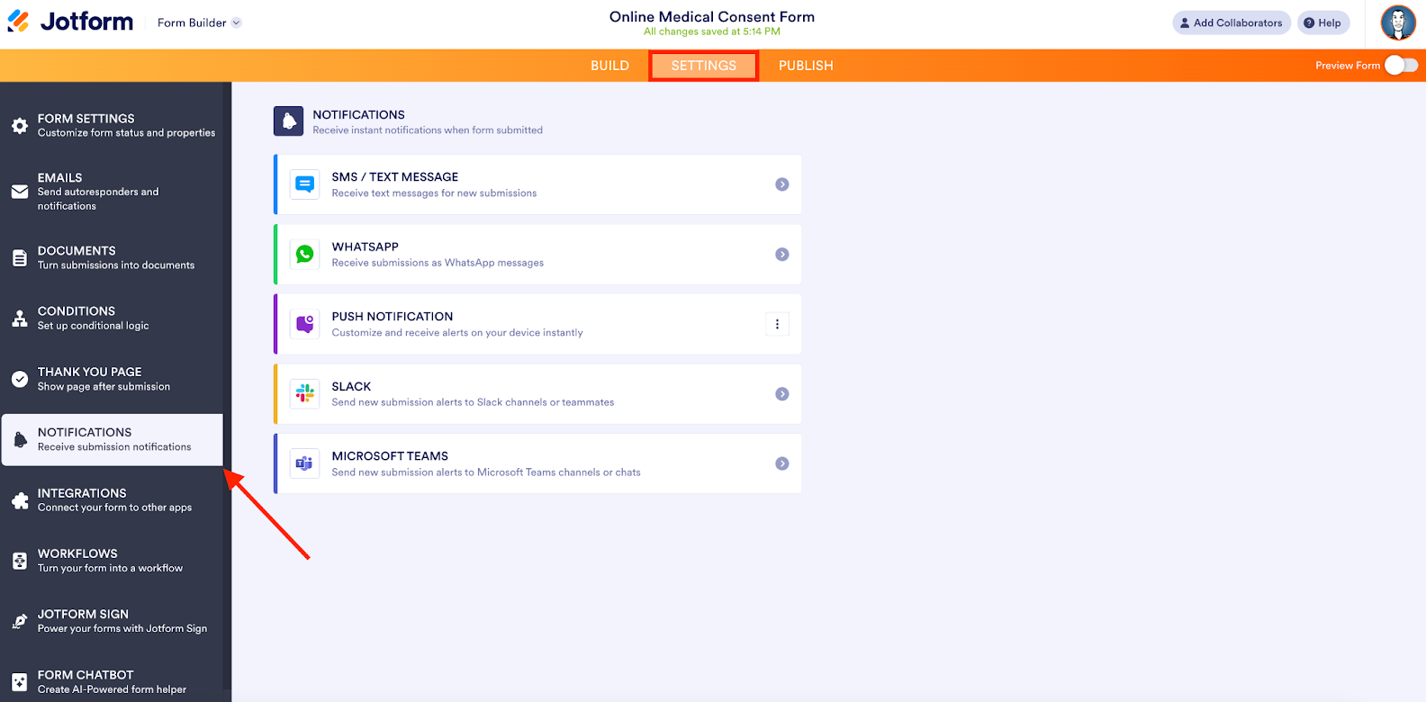 Clicking on the Notifications option under the Settings tab on Jotform Form Builder