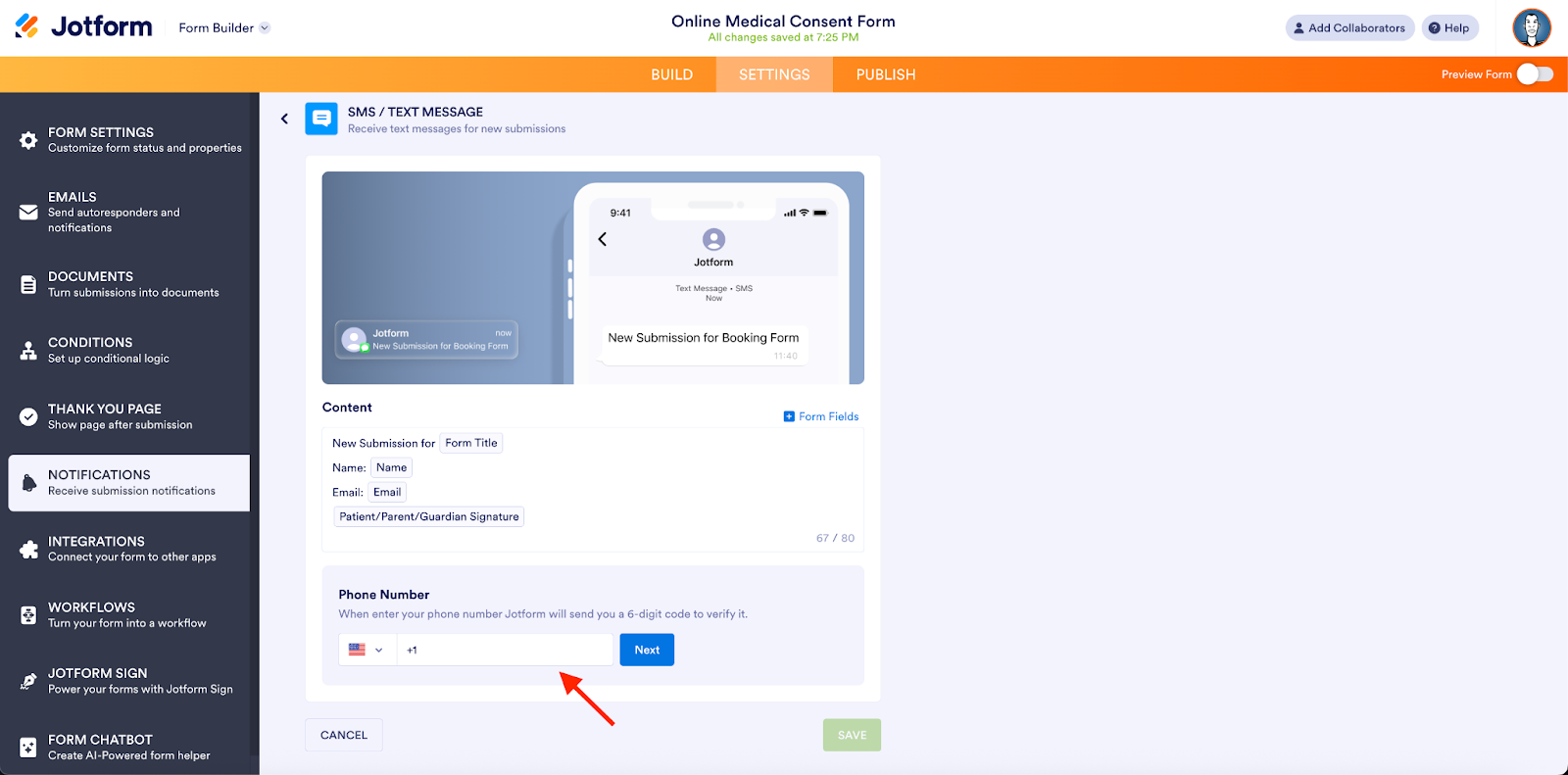 Entering a phone number on the SMS/Text Message page on Jotform Form Builder