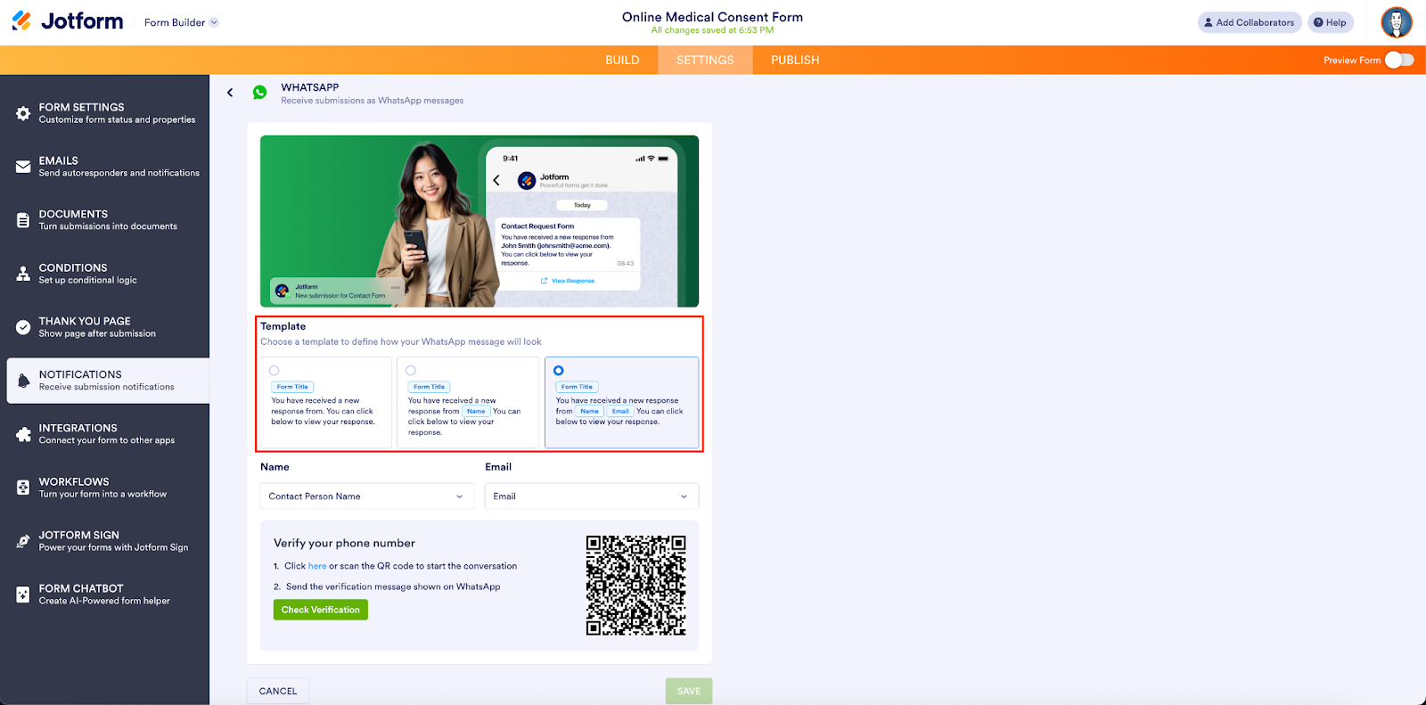 Viewing the templates to be used for a WhatsApp message on Jotform Form Builder