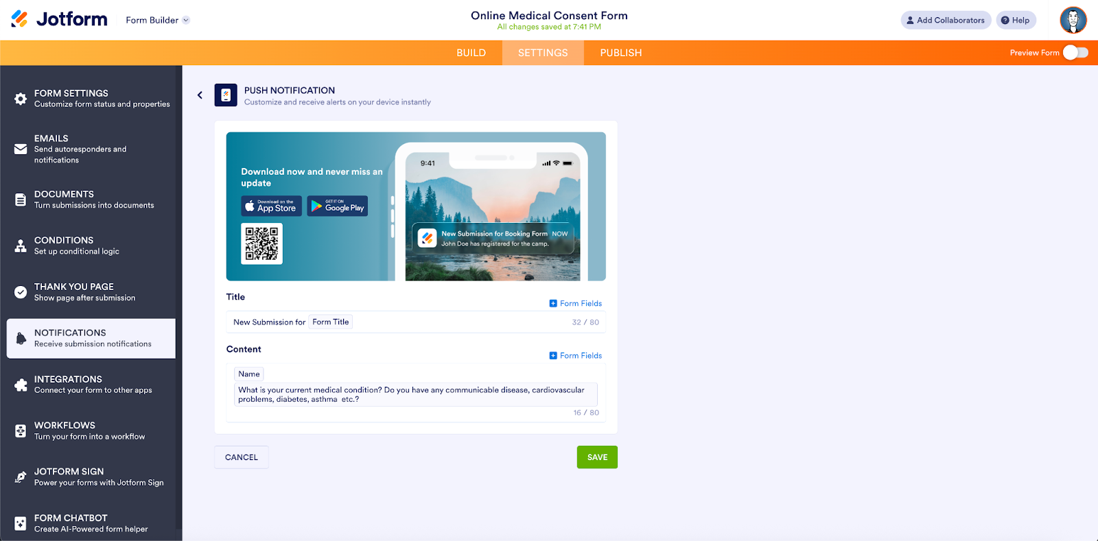 Viewing the Push Notifications page on Jotform Form Builder