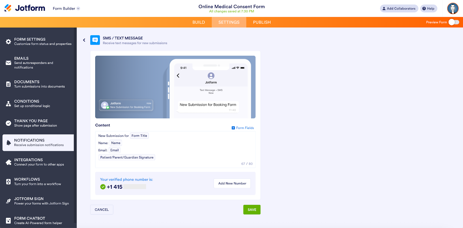 Viewing the verified phone number on the SMS/Text Message page on Jotform Form Builder