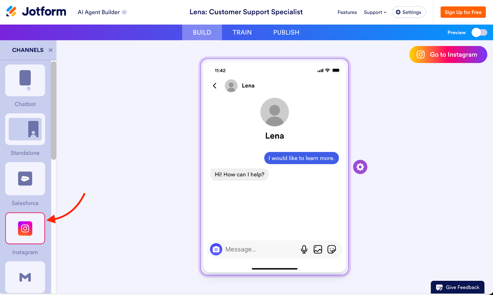 Jotform AI Agents interface with an arrow pointing to the Instagram icon in the Channels sidebar