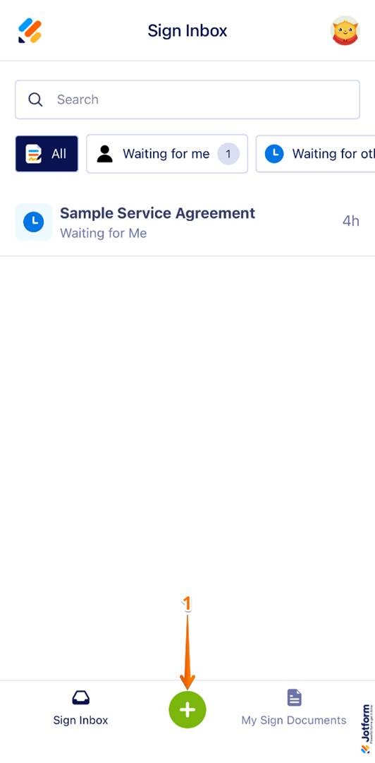 Starting an in-person signing session in the Jotform Sign Mobile App by tapping the green plus icon at the bottom of the screen