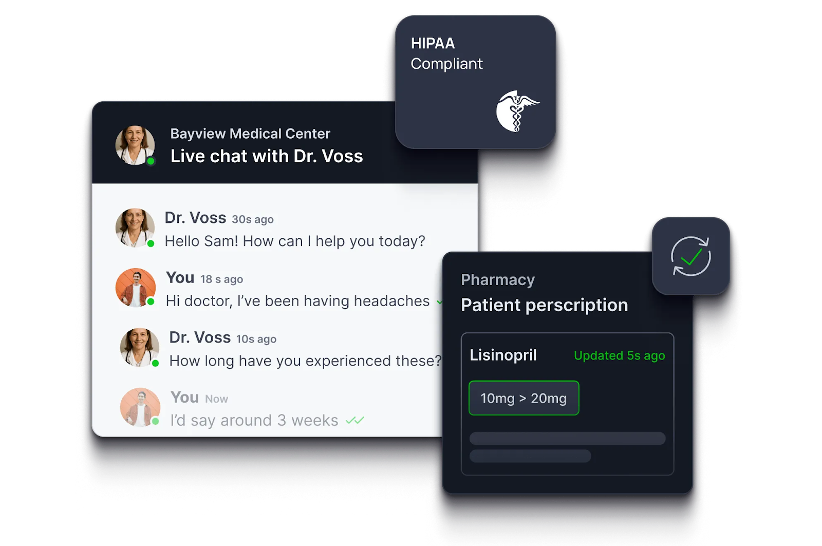 Promotional illustration of the AblyChat showing message history and HIPAA compliance