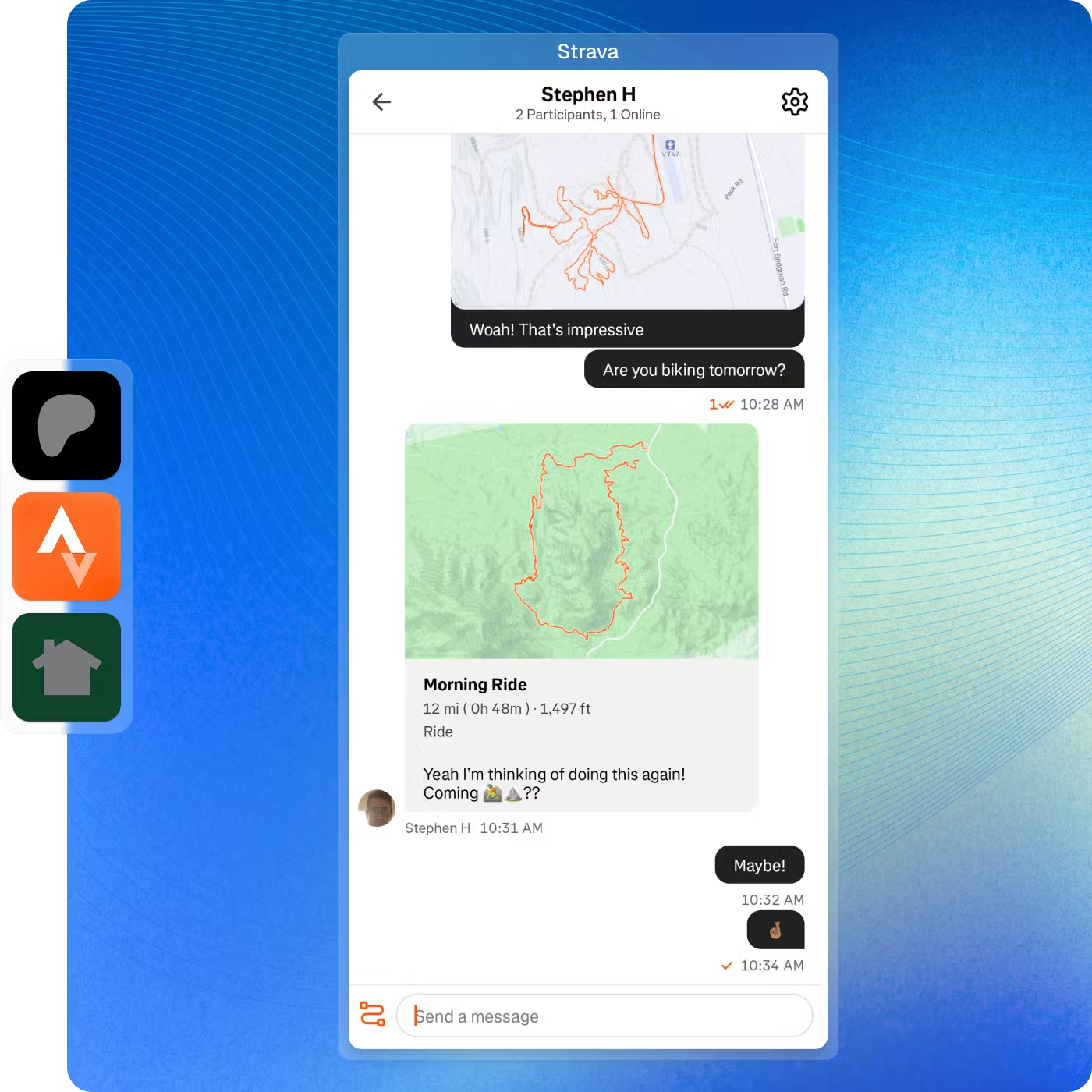 Screenshot of a mobile in-app chat interface showing a one-to-one conversation with shared map images and ride details, demonstrating a custom real-time messaging experience