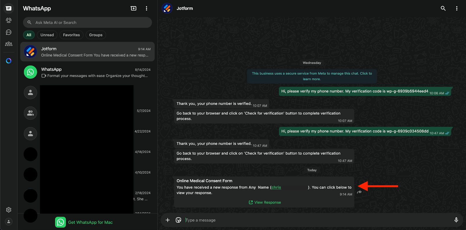 Viewing the new form submission to Jotform in WhatsApp