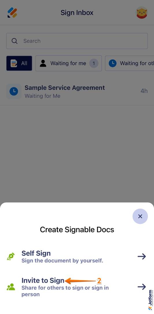 Invite to Sign option in the Create Signable Docs window in the Jotform Sign Mobile App