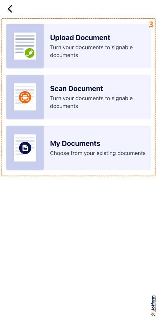 Selecting a document source in the Jotform Sign Mobile App with options to upload, scan, or choose from My Documents
