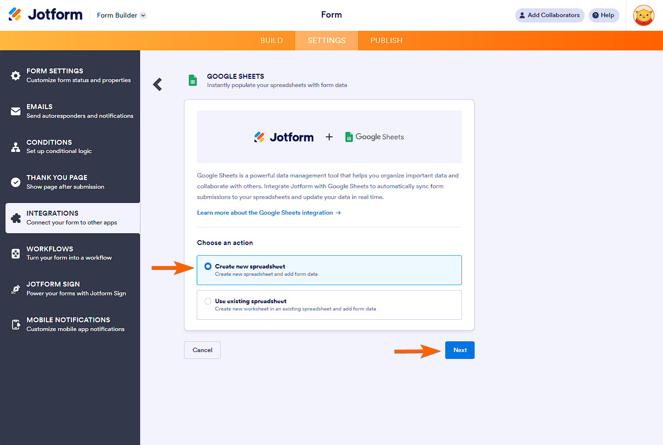 Jotform Google Sheets Integration Menu Create new spreadsheet Option