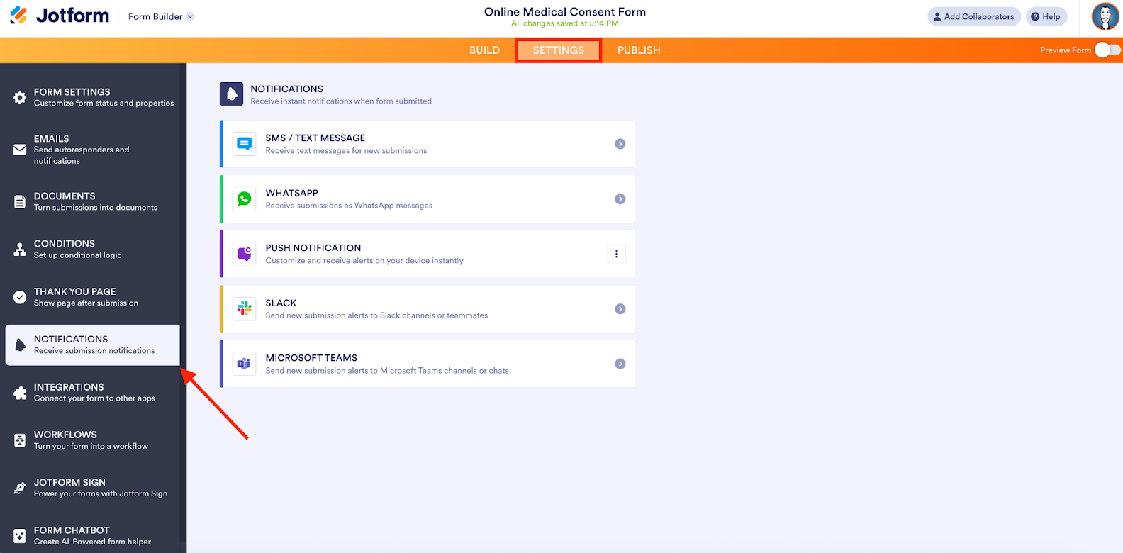 Clicking on the Settings tab, then the Notifications option on the Jotform Form Builder