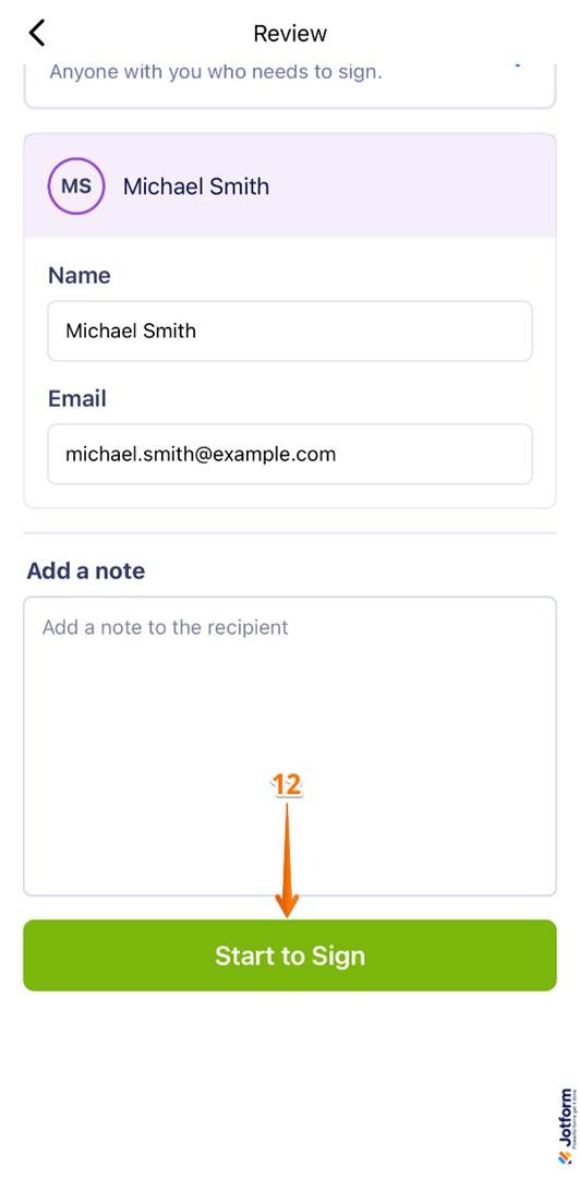 Scrolling down and tapping Start to Sign in the Jotform Sign Mobile App