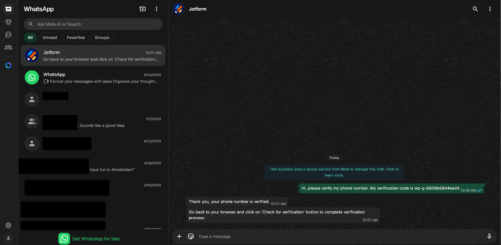 Viewing the messages from Jotform on WhatsApp
