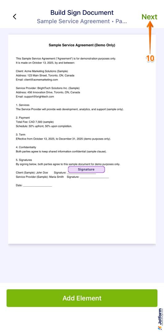 Returning to the Build Sign Document page and tapping Next after selecting a signer in the Jotform Sign Mobile App