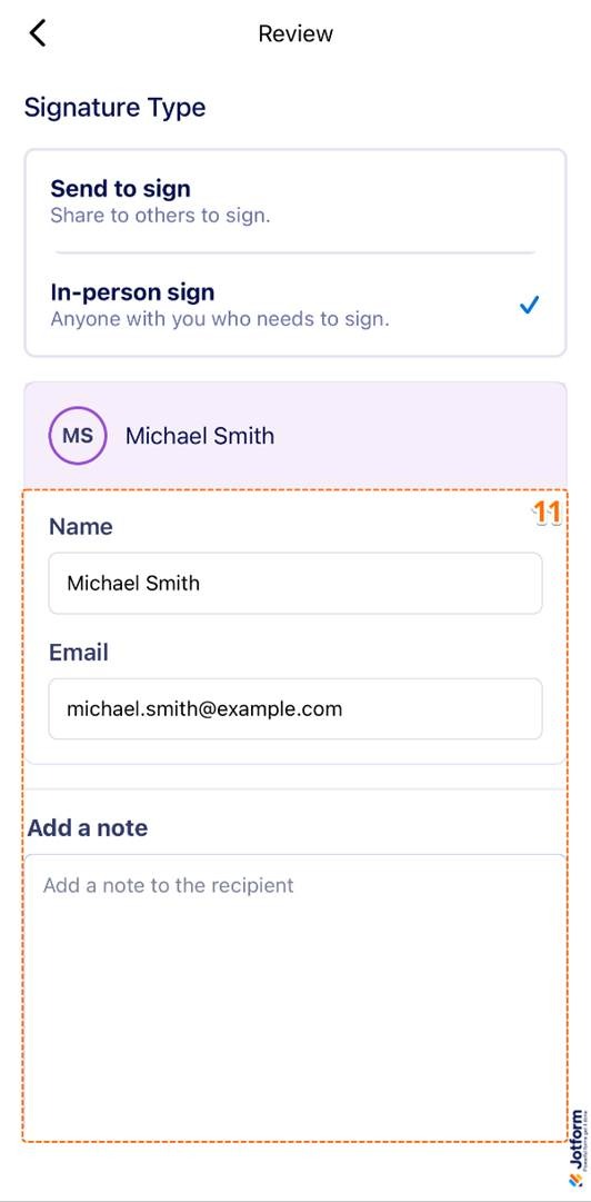 Selecting In-Person Sign in the Signature Type section and filling in email and note fields in the Jotform Sign Mobile App