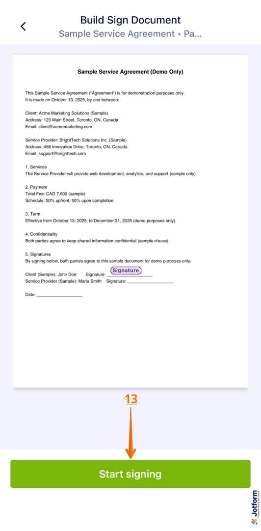Tapping Start Signing at the bottom of the screen in the Jotform Sign Mobile App
