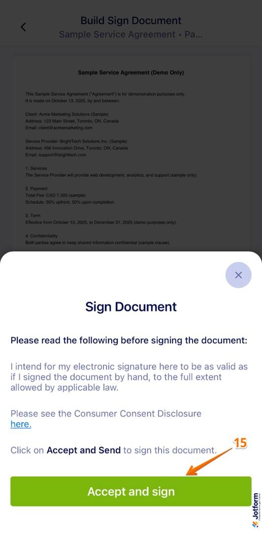 Tapping Accept and Sign to complete the in-person signing in the Jotform Sign Mobile App