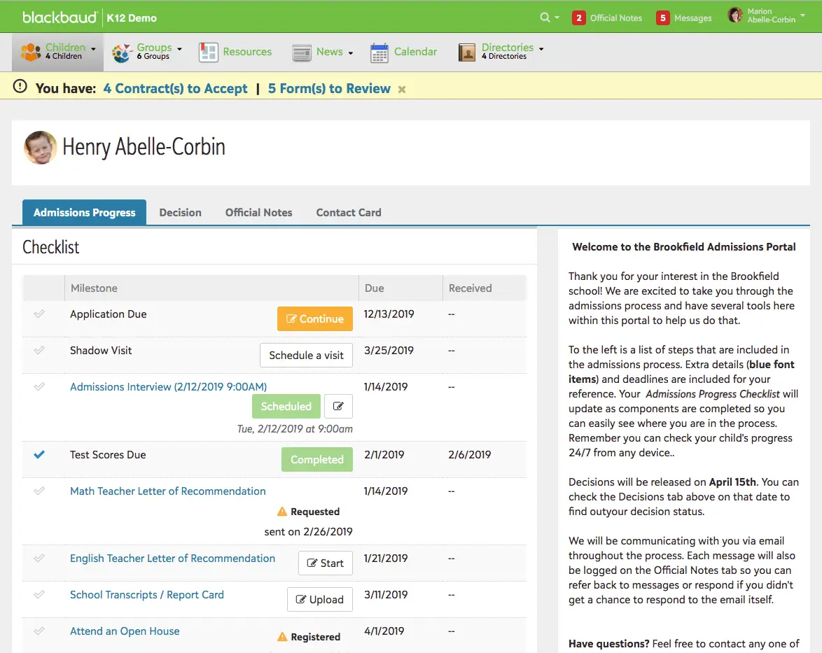 Interface utilisateur des solutions de gestion de l'éducation Blackbaud