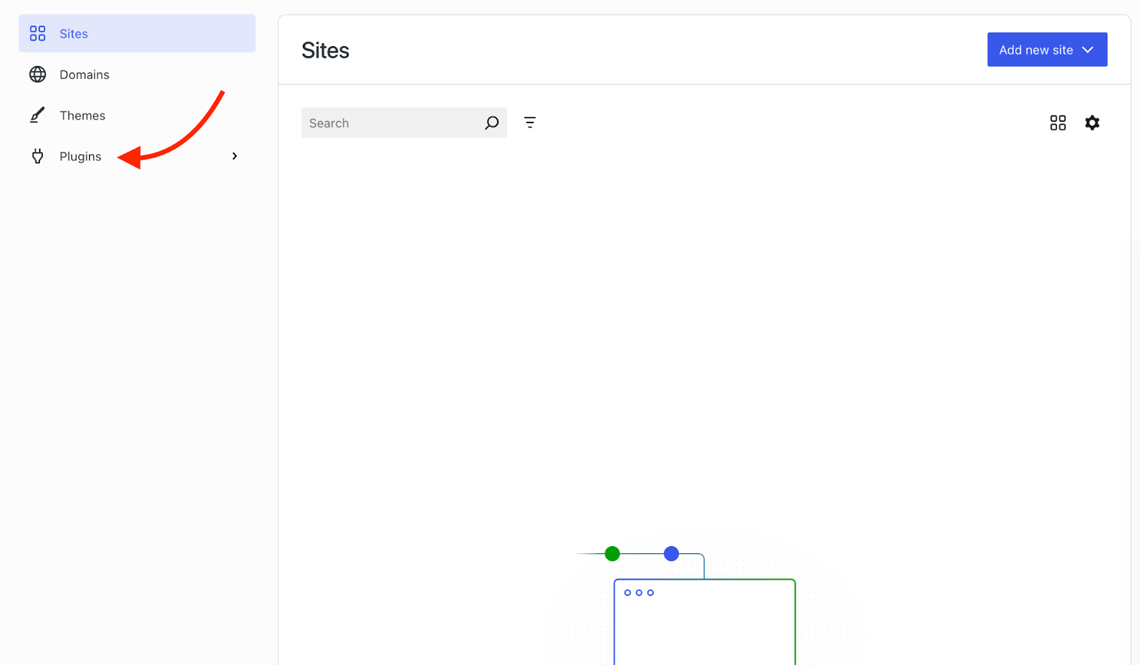 WordPress dashboard interface showing the left sidebar with ‘Sites,’ ‘Domains,’ ‘Themes,’ and ‘Plugins,’ with a red arrow pointing to the ‘Plugins’ menu to indicate where to access the plugin marketplace