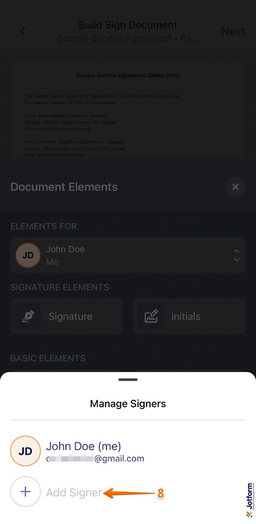 Tapping Add Signer and entering the signer’s name in the Jotform Sign Mobile App
