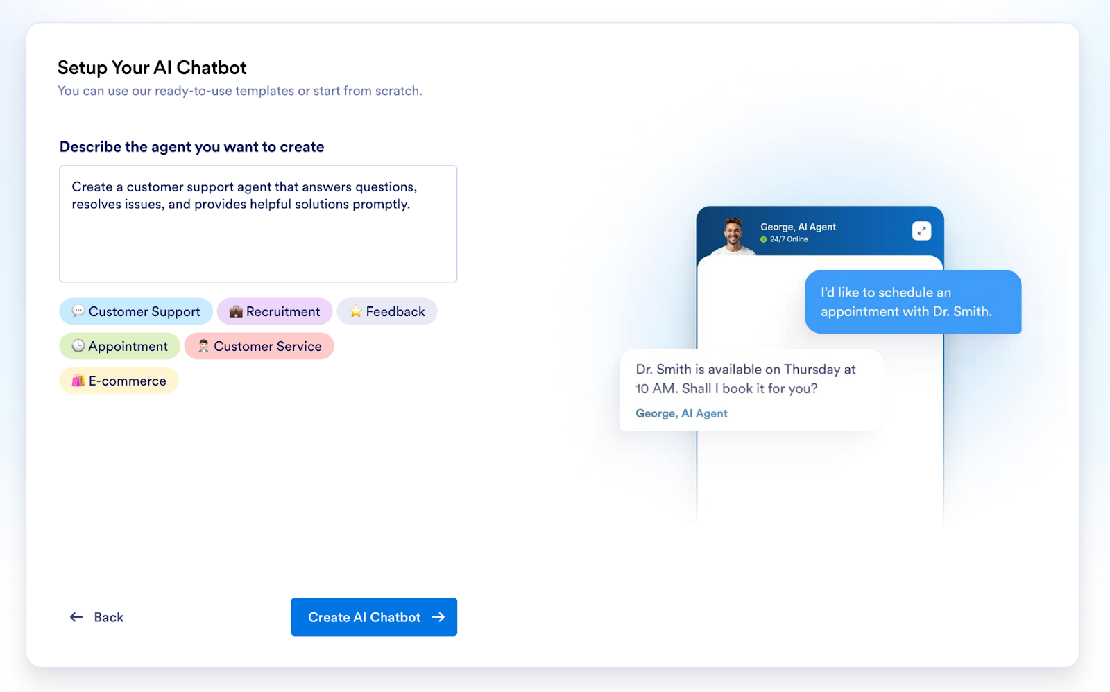 Jotform AI Chatbot setup screen showing options to describe the agent type, select use cases such as customer support or appointments, and preview the chatbot with an AI avatar on the right
