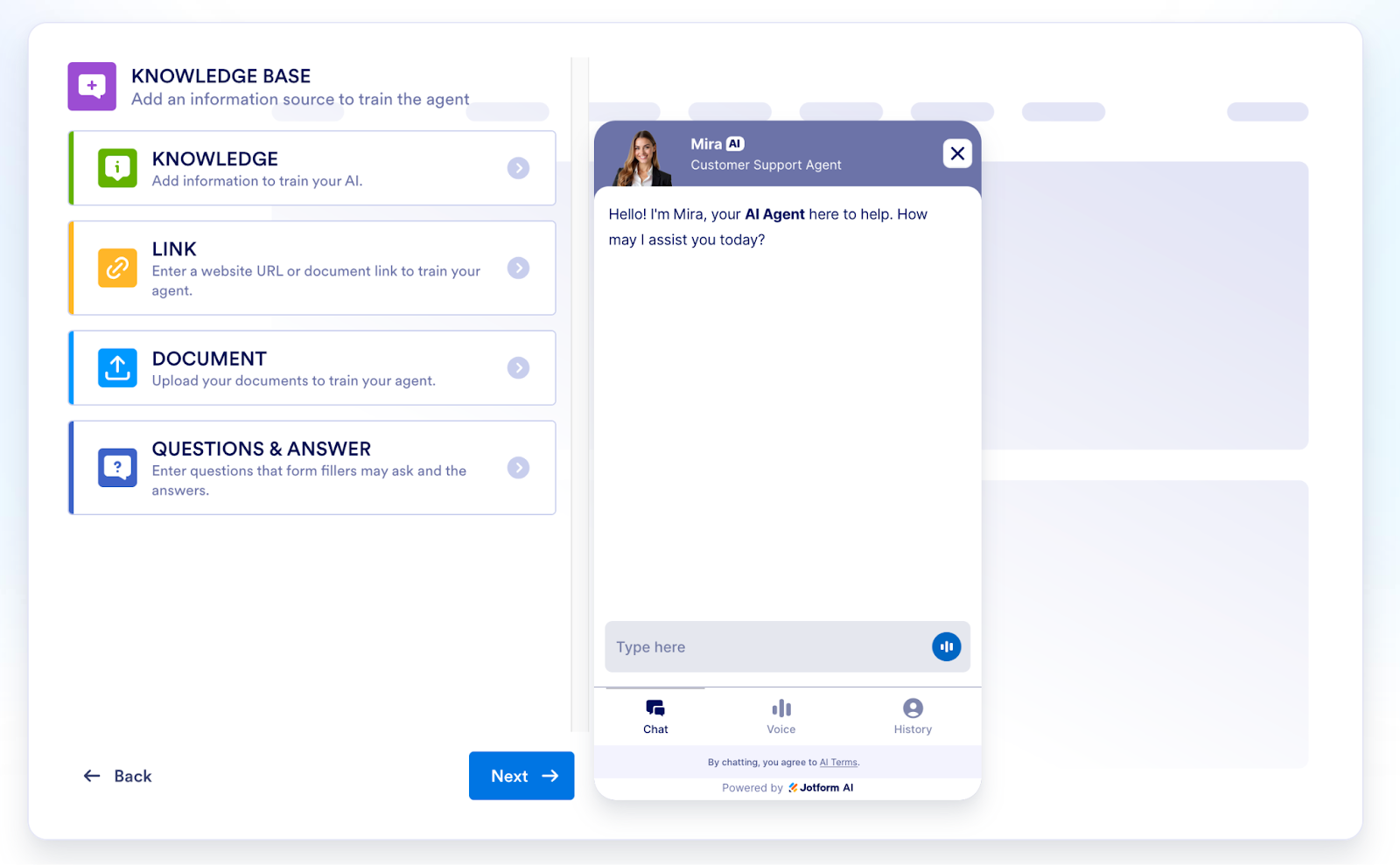 Jotform AI Chatbot Builder knowledge setup screen showing options to train the chatbot using a knowledge base, website link, document upload, or questions and answers, with a chatbot preview on the right and a ‘Next’ button at the bottom