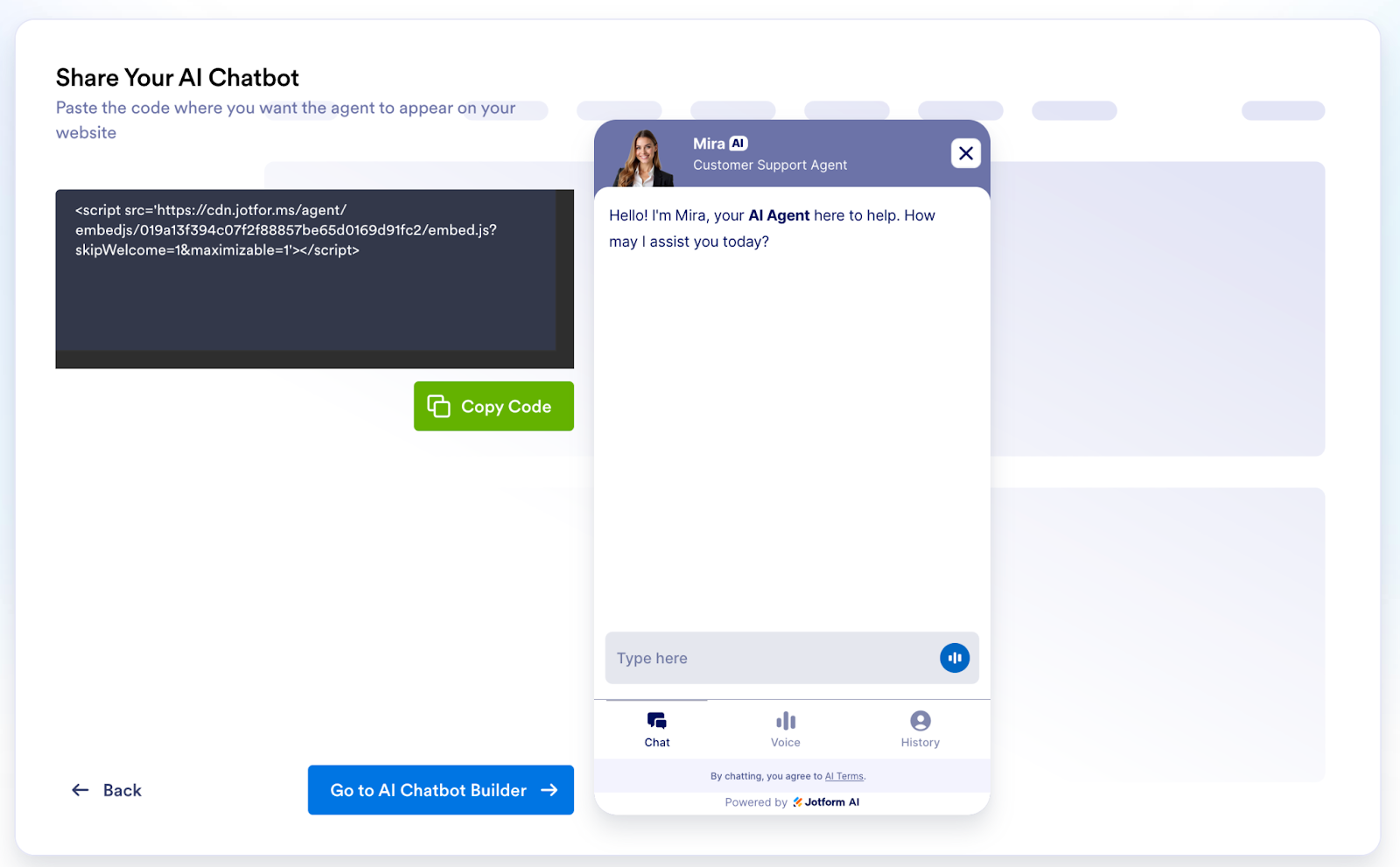 ‘Share Your AI Chatbot’ screen in Jotform displaying an embed code snippet with a green ‘Copy Code’ button and a live chatbot preview on the right, indicating how to copy the code for website embedding