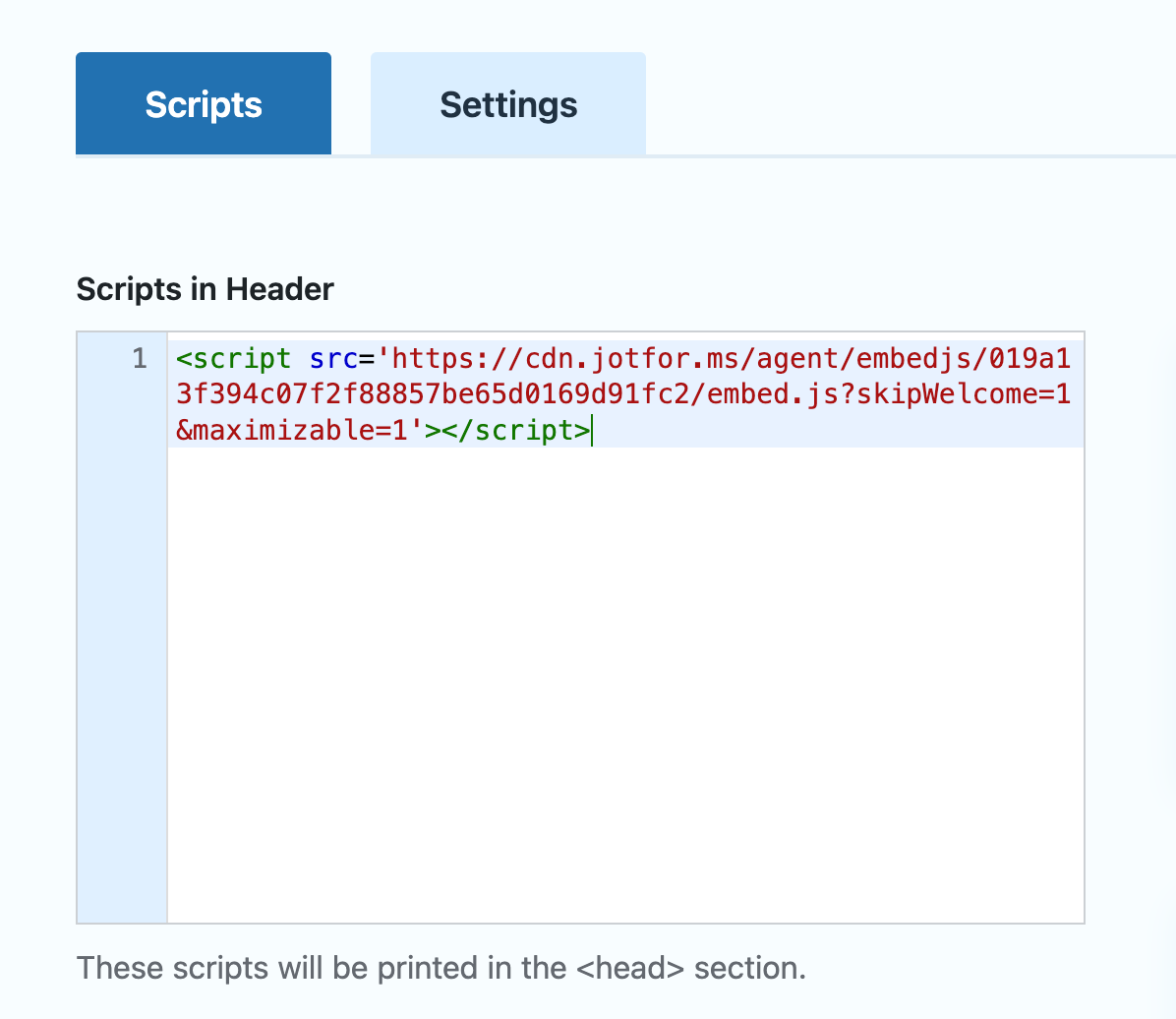 Screenshot of the script code box used to embed the AI chatbot