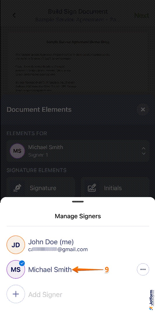 Selecting the newly added signer in the Jotform Sign Mobile App