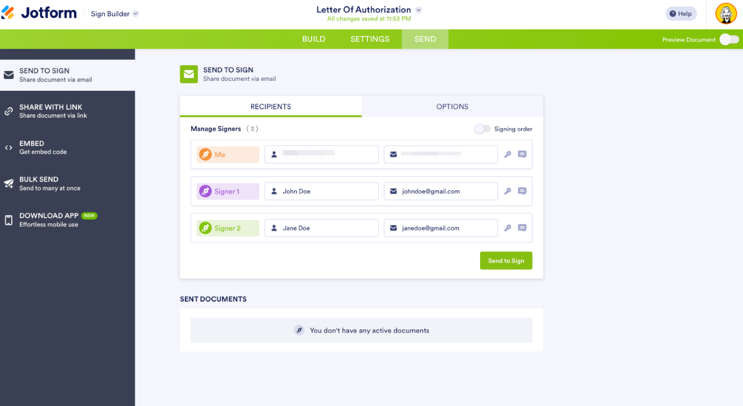 Jotform Sign Builder Send Tab Recipient Information